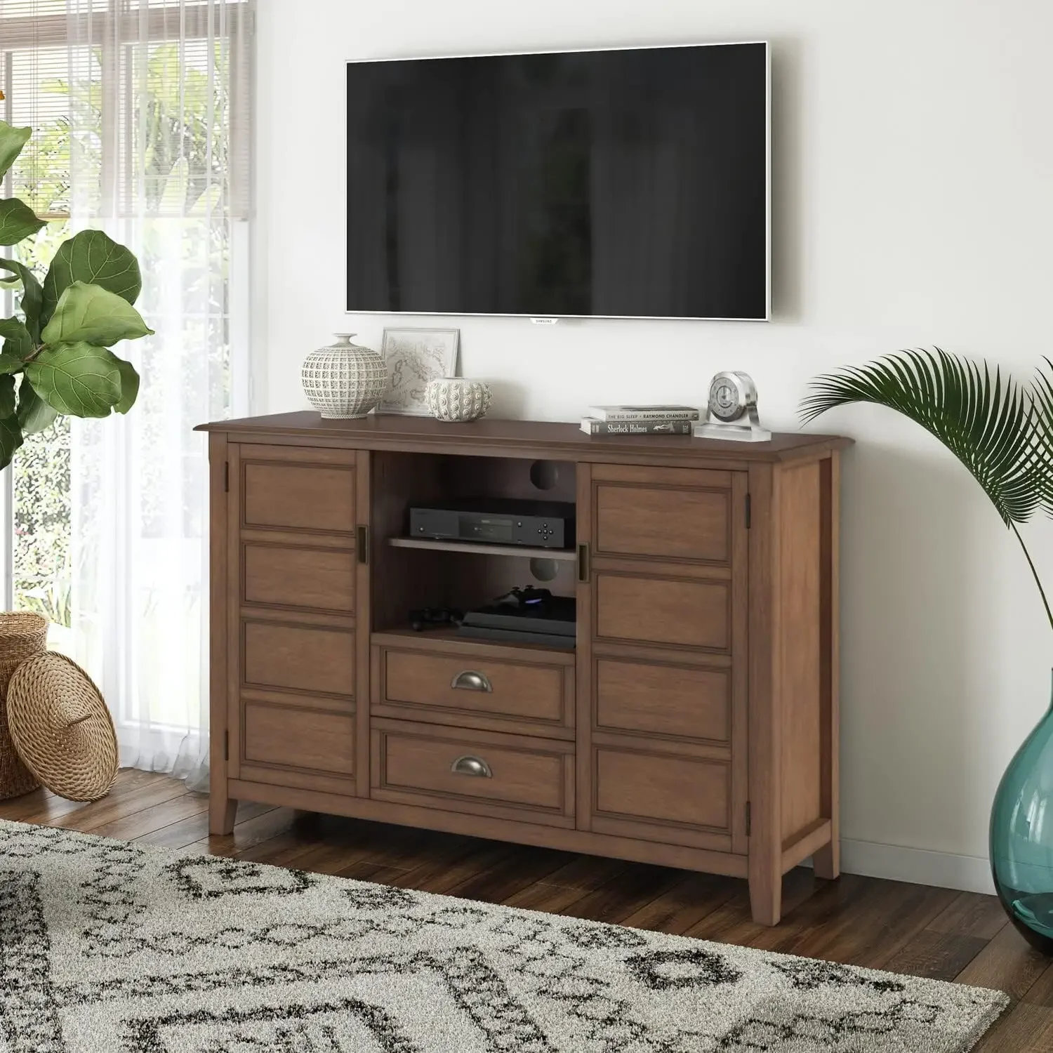 Burlington SOLID WOOD 54 Inch Wide Transitional TV Media Stand in Rustic Natural Aged Brown for TVs up to 60 Inch