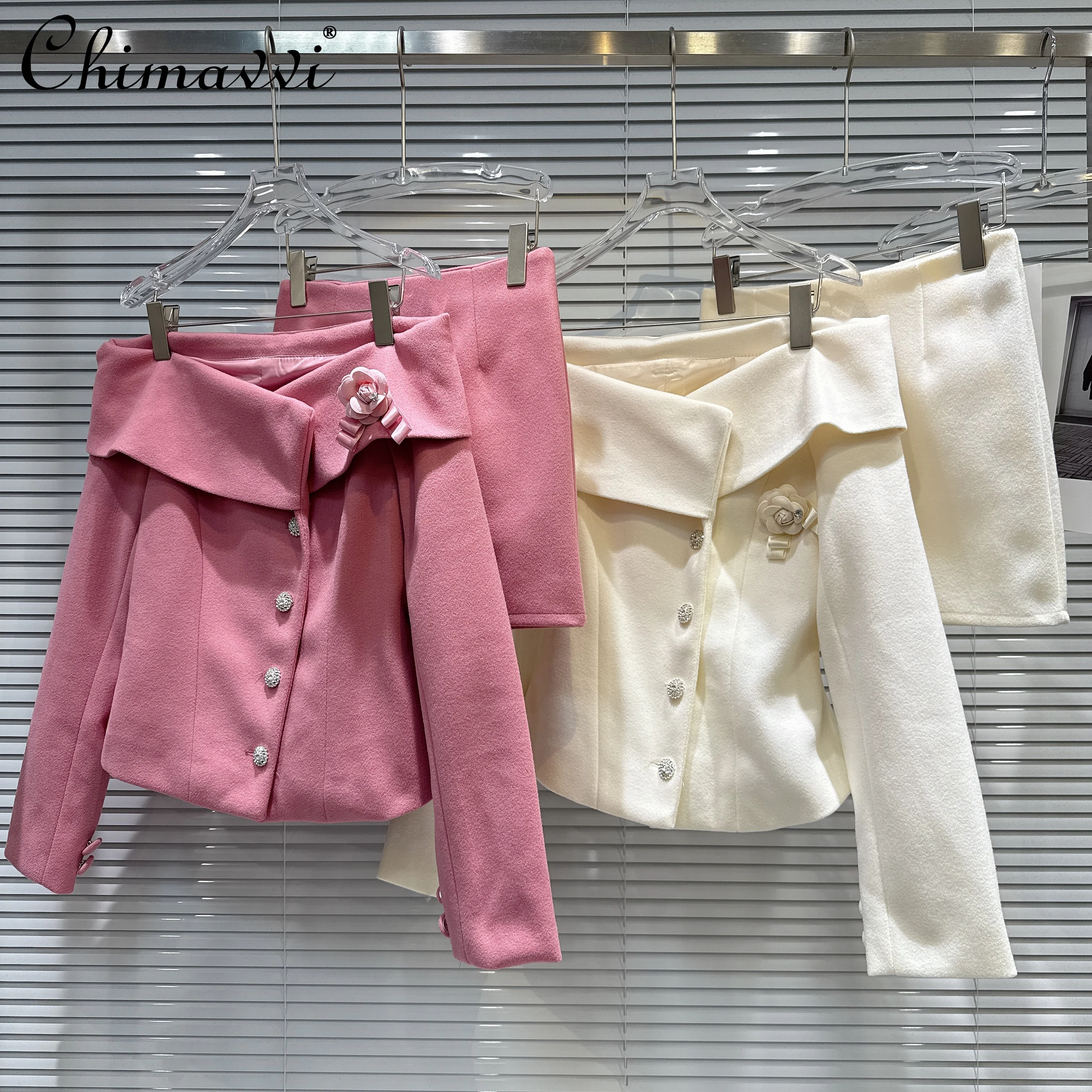 

French Elegant Socialite Coat Skirt 2PCS Set Off-Shoulder Long Sleeve 3D Brooch Single-Breasted Short Jackets for Women Autumn