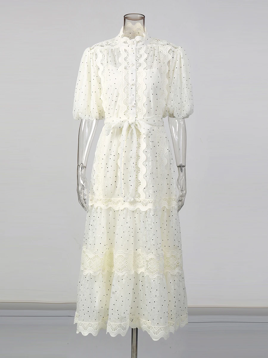 เดรสผ้าโปร่งลายจุด TWOTWINSTYLE สำหรับผู้หญิง คอตั้ง แขนพอง เอวสูง แต่งผ้าลูกไม้ผูกเชือก ดีไซน์หรูหรา สไตล์ลำลอง