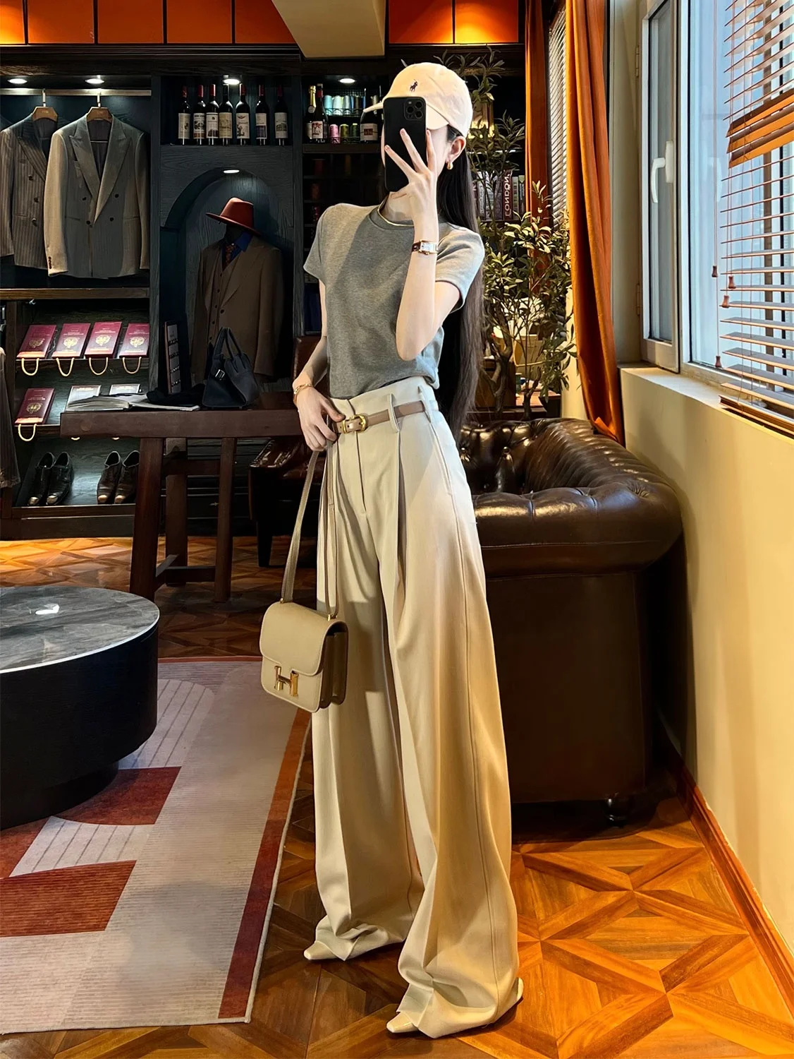 

JIANG ey White Straight Leg Suit Pants Women's High Waist Drapey Slimming Wide Leg Versatile Spring Summer Faion