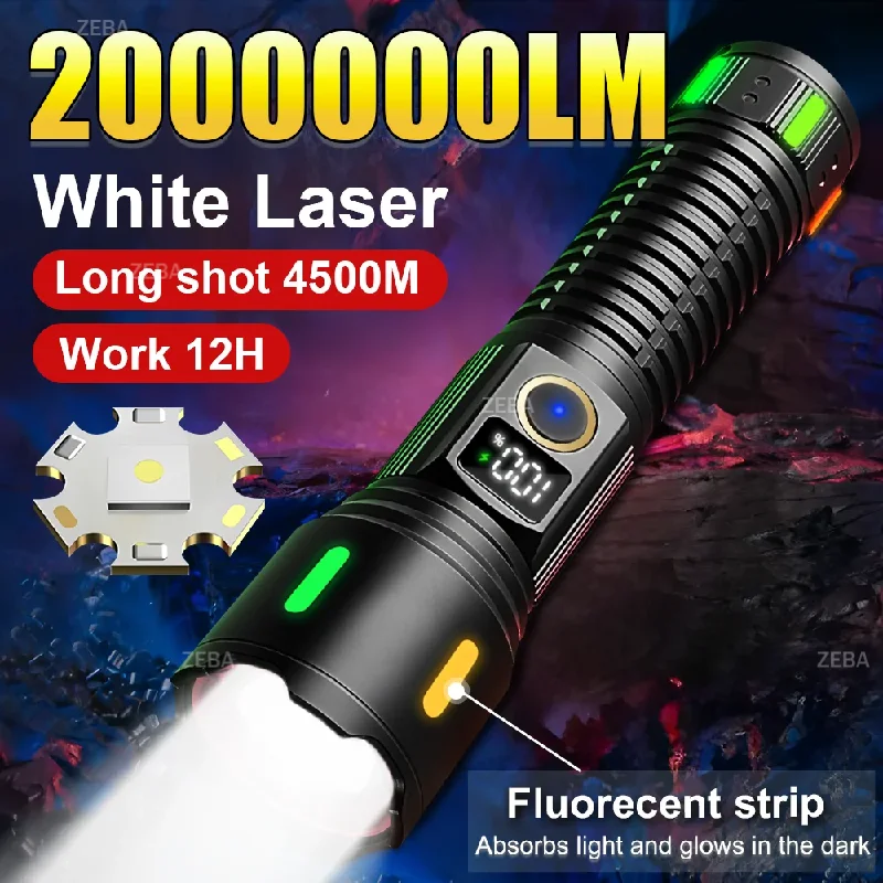 2000000LM White Laser Rechargeable LED Flashlight Fluorescent Strip Zoom High Power Flashlight Tactical Power Bank Camping light