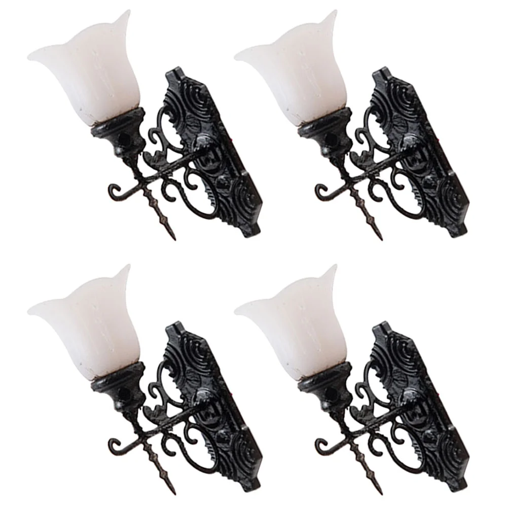 

4 Pcs Miniature Wall Light Black LED Street Lamp Model Dollhouse Decor 1:87 Scale Warm Yellow Light Realistic Details