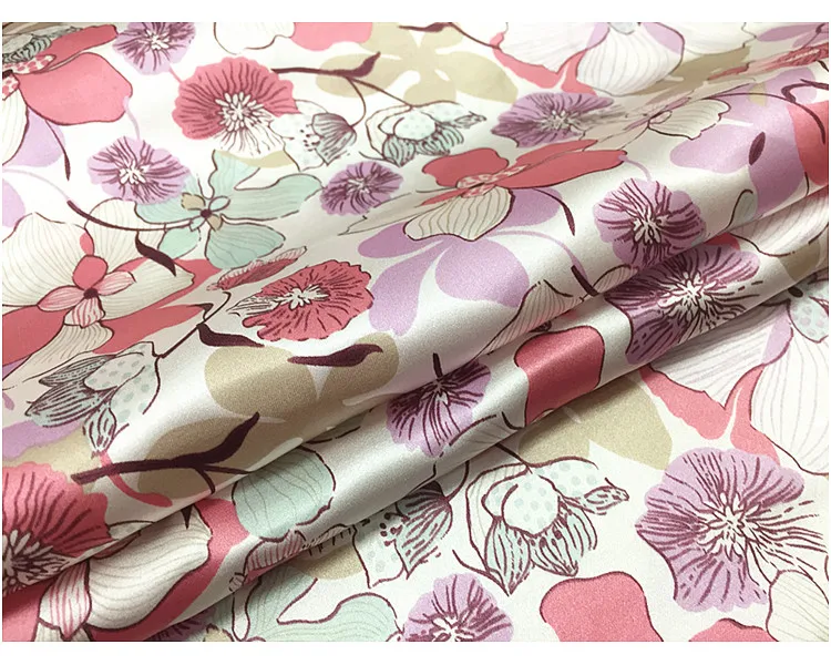 1 meter 100% Mulberry Silk 16 momme Charmeuse Silk Fabric Full Pink Floral Print 138cm 54