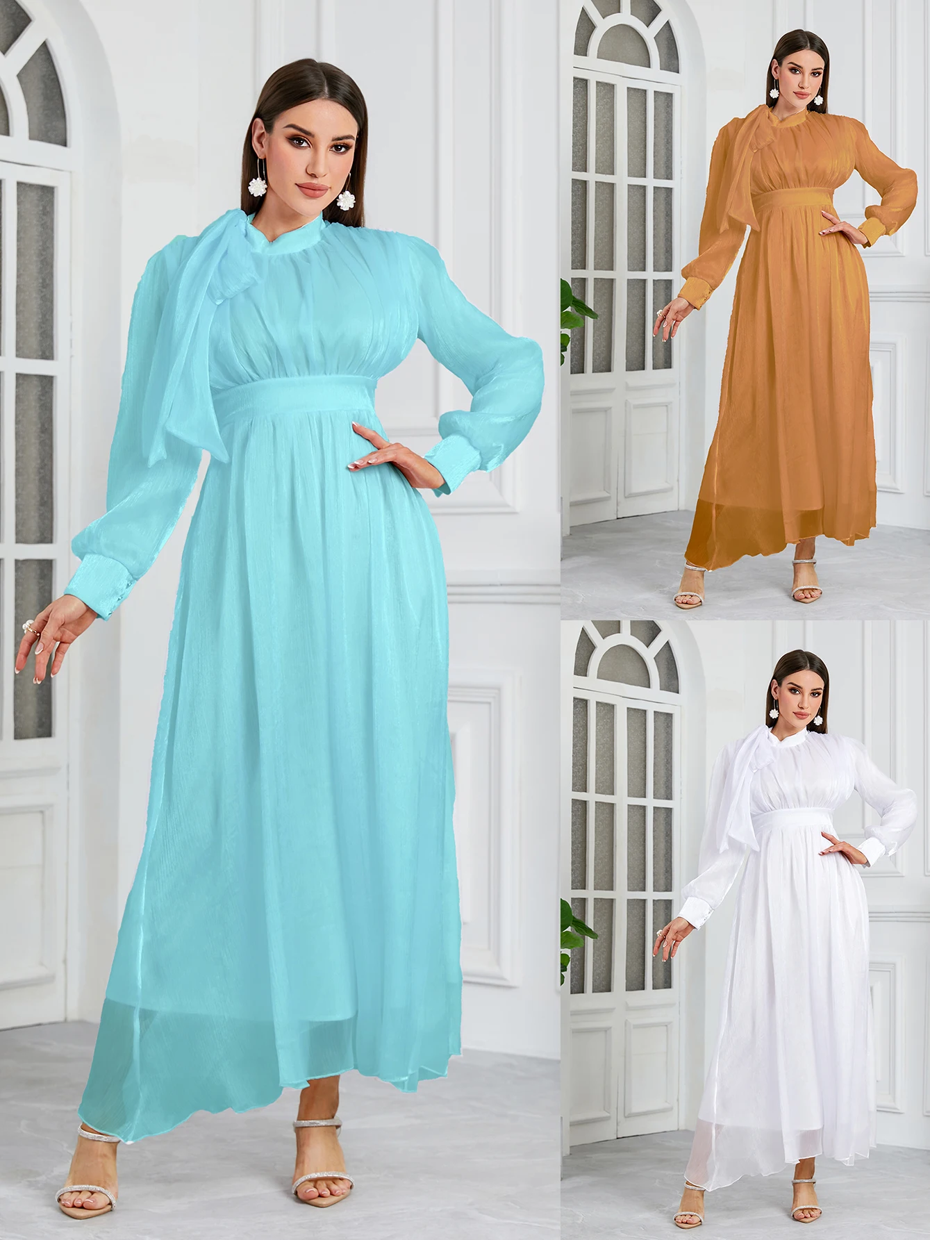 

Plus Size Wow! New Spring Elegant Solid Crepe Mandarin Collar Dress with Tie Waist - Stand Out Instantly!