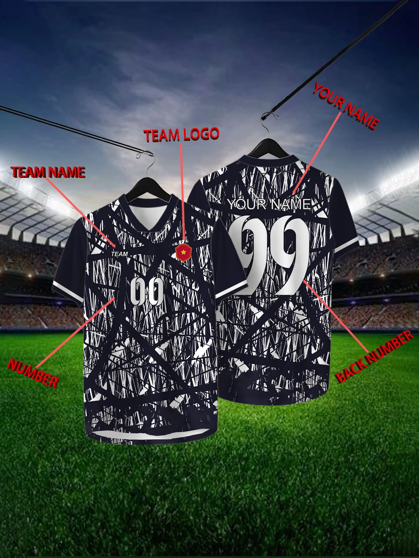 

Customized Geometric Black Short Sleeved Shirt with Team Name, Emblem, Name and Number, Outdoor Sports Short Sleeved T-shirt