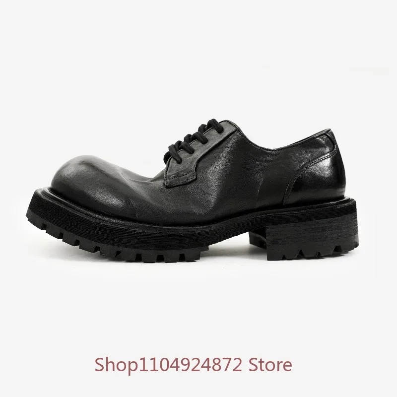 Handmade Round Toe Leather Shoes Men's Vintage Genuine Leather Fashion Casual Thick Platform Sole Lace‑Up Dress Work Male Shoes