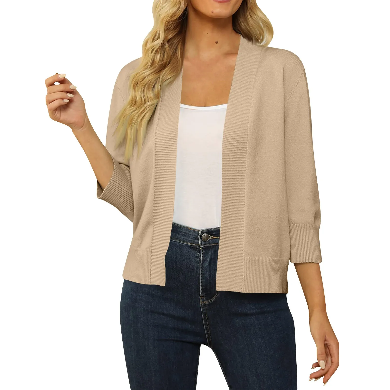 Ladies\' Plain Color Simple Classic Style 3/4 Sleeve Cropped Cardigan Sweater Spring Fall Versatile Open Front Lightweight Top