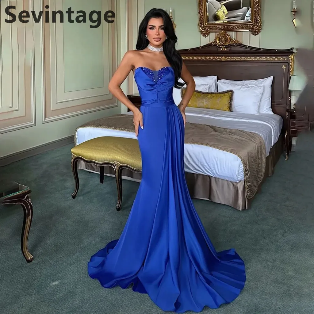 Sevintage 2025 bleu Royal Satin perlé chérie Maxi robe de soirée sirène robe de bal pour mariage Farmol robe de soirée personnalisée
