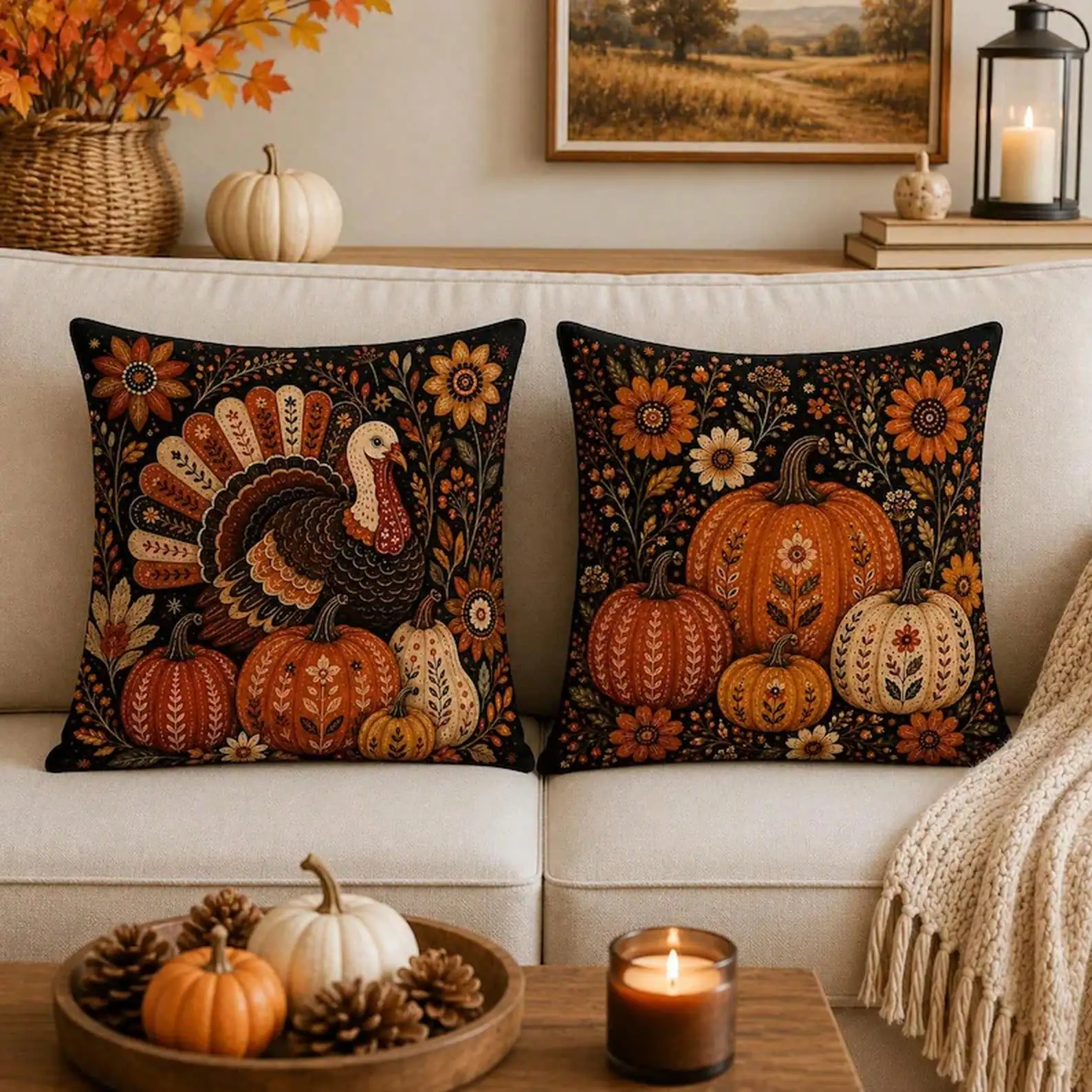 Thanksgiving Turkey Pumpkin Throw Pillow Cover, Retro Autumn Farmhouse Decorative Cushion Cases, Vintage Harvest Pillowcases For Sofa Couch Bed Living Room Bedroom Home Decor, Rustic Country Fall Decor, Cozy Thanksgiving Decoration, Thanksgiving Gift