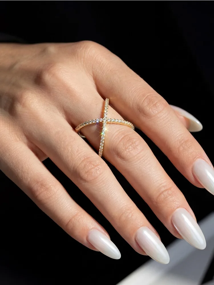 Echter Moissanit-Diamant, modischer, schlichter X-förmiger Ring für Damen, Party, 925er Sterlingsilber, hochwertiger edler Schmuck – Detail 3