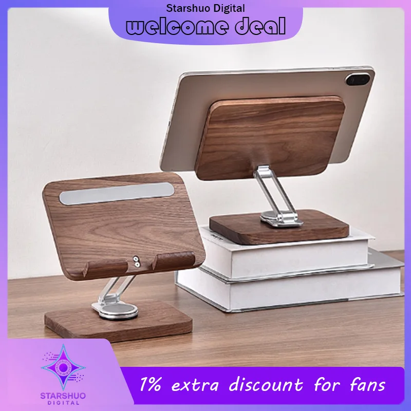 

Solid Wood Tablet Stand 360° Rotatable and Foldable Office Multi Device Stand for iPads and most smartphones foldable design