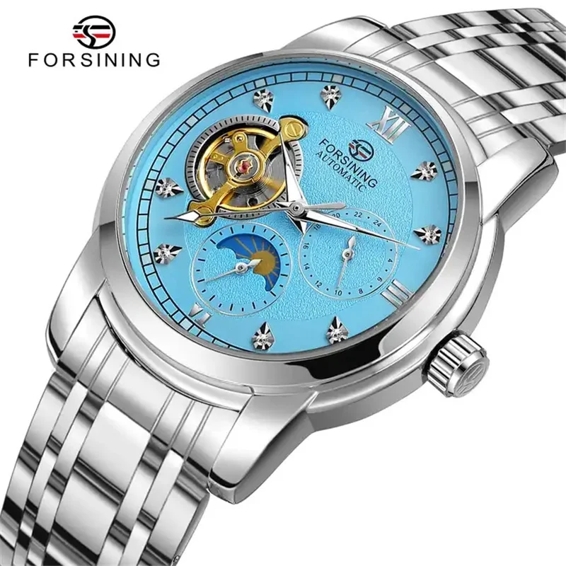 FORSINING 6018 Top Brand Men Automatic Mechanical Moon Phase Watch Skeleton Luminous Stainless Steel Strap Waterproof Hand