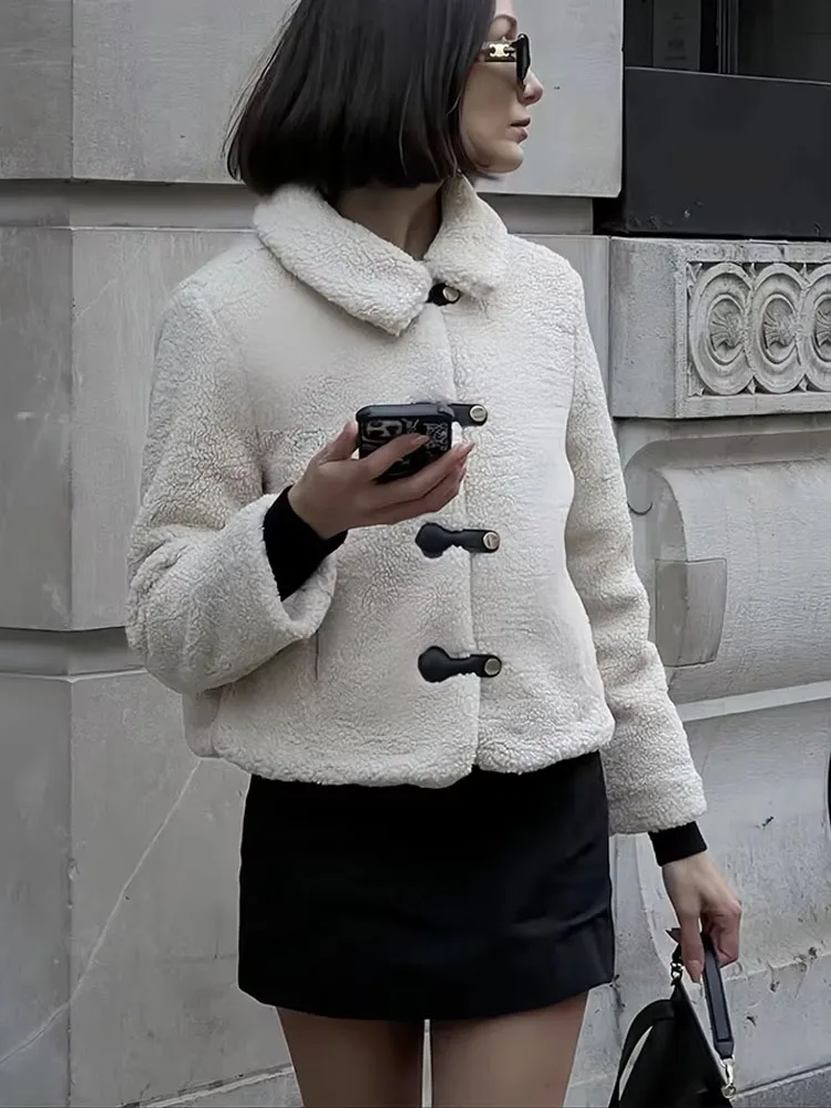 Dames 2024 Chique Effen Witte Jas Turn-down Kraag Lamswol Single-breasted Zak Dames High Street Korte Jas Winter