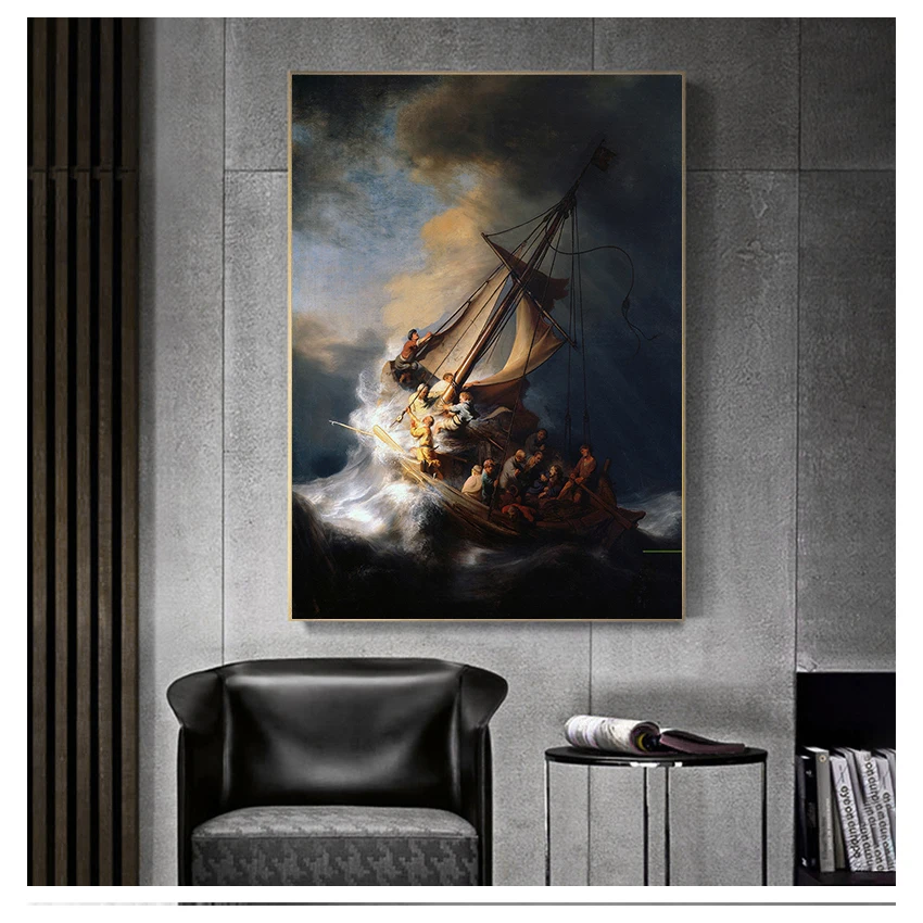 HD-Wandkunstdrucke für Wohnzimmer, moderne Heimdekoration, Poster, 1 Stück, ohne Rahmen, Rembrandt-Schiff, Leinwand-Ölgemälde