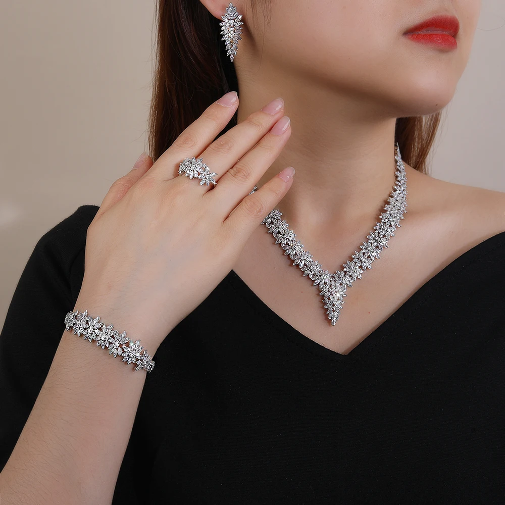 High Quality Jewelry Set For Women Elegant Shiny Saudi Arabia Bridal Wedding Zircon Necklace 4-Piece