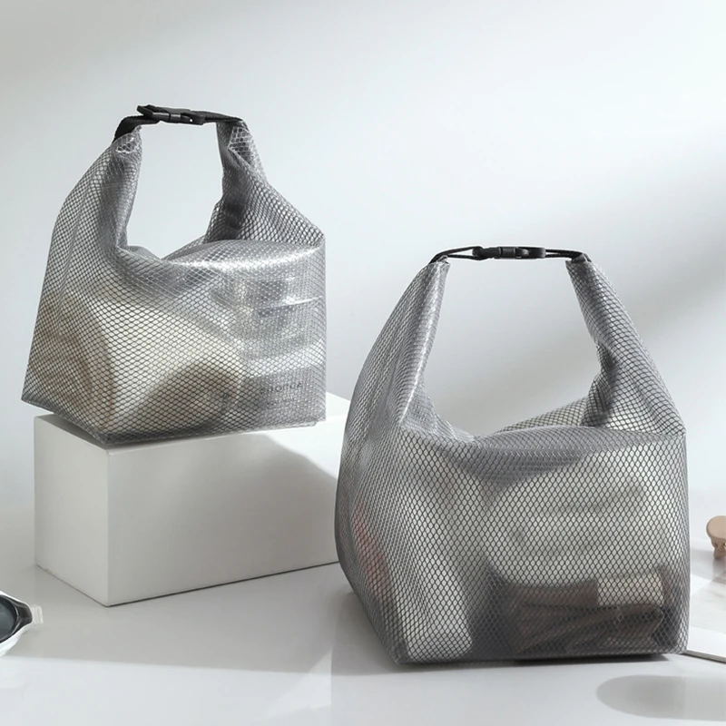 Saco de armazenamento portátil de grande capacidade Saco de compras tipo fivela Saco cosmético impermeável Bolsa de malha transparente Bolsa de viagem simples