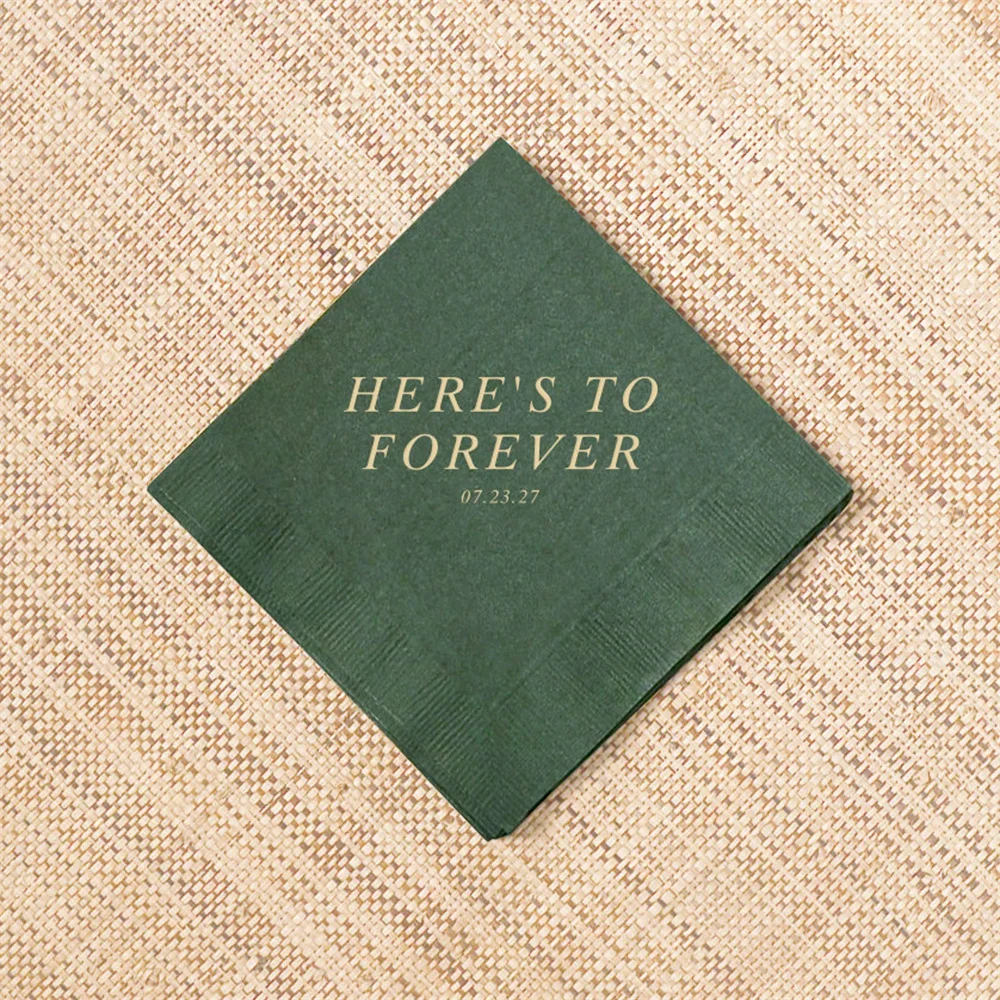 Personalized Wedding Napkins - Here's To Forever Quote - Cocktail Napkin, Foil Stamped Napkin, Wedding, Paper Napkins, Napkins