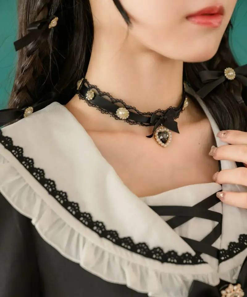 

Japanese Tianlei mass-produced sweet imported lace bow love pendant sticker neck necklace collar lolita accessories for women