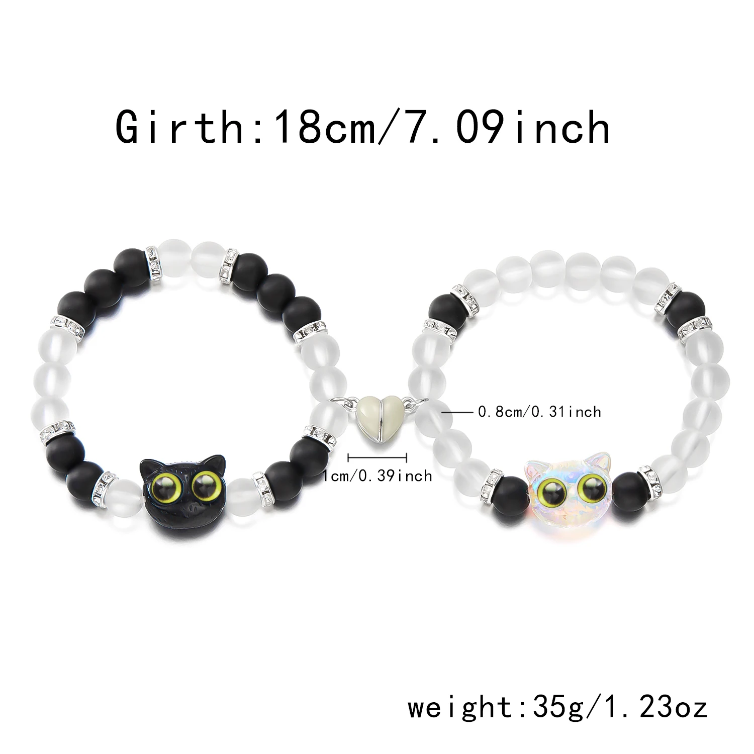 Leuchtende Katzen-Magnetarmbänder für Paare, im Dunkeln leuchtende, passende Perlen-Armreifen, süßes Valentinstag-Schmuckgeschenk – Detail 11