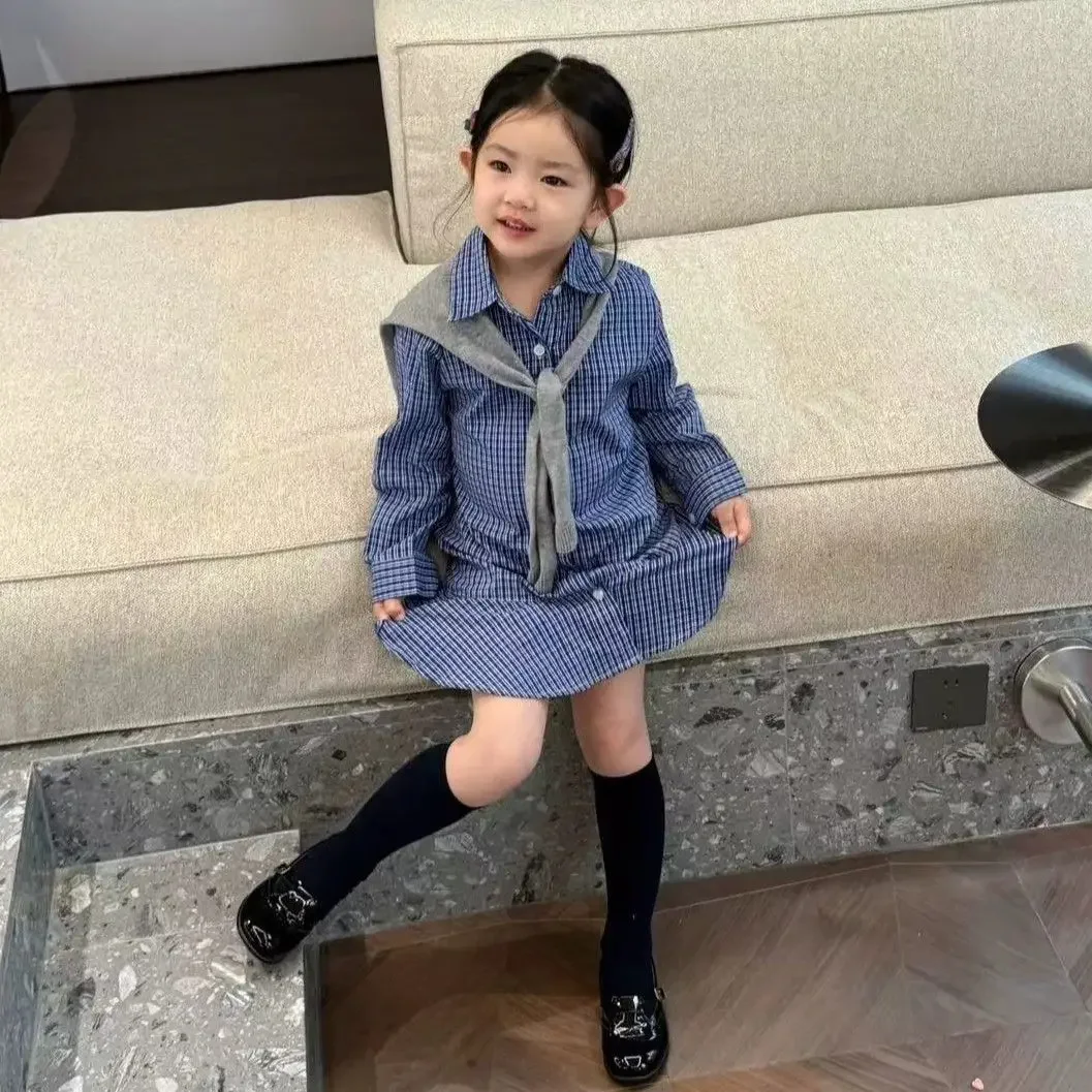 

Girls' College Style Dress Set Spring and Autumn 2026 New Children's Leisure Shawl Collar Checkered Shirt Skirt 2-piece Set