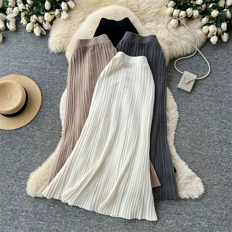 Women High Waist Knitted Skirt Autumn Winter Pleated A‑Line Long Skirt Female Elegant Solid Color Swing Skirt Dating Wear 648