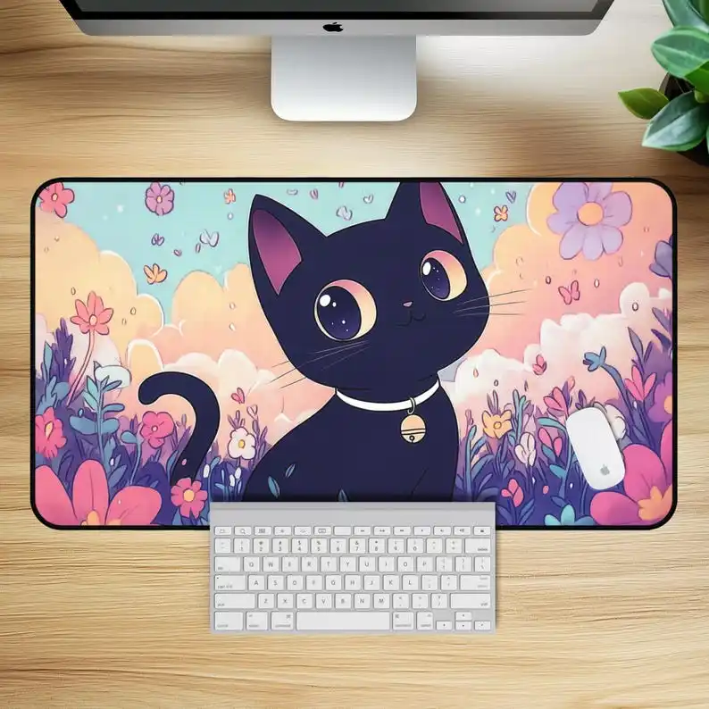 Cute Black Cat Desk Mat, Non-slip and Waterproof Gaming Mouse Pad,minimalist Office Decoration Mat,the Perfect Gift for Friends.