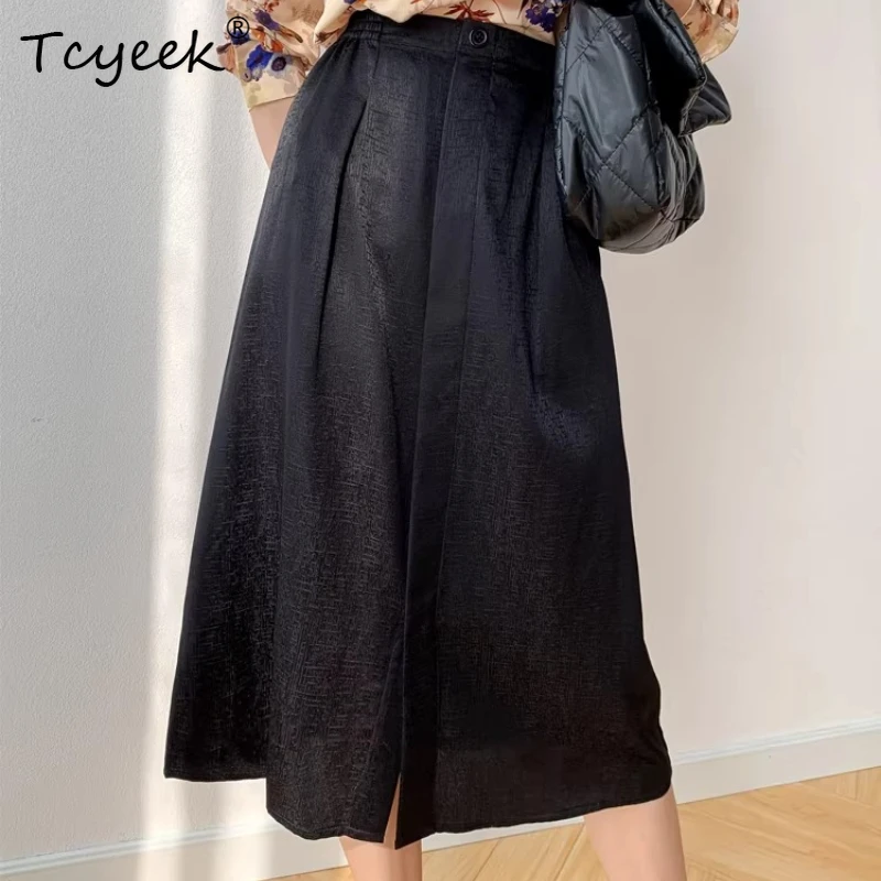 

Tcyeek 93% Real Silk Skirts for Women 2026 Spring Summer Elegant Elastic Waist Black Skirt Women Clothing Faldones Para Mujer