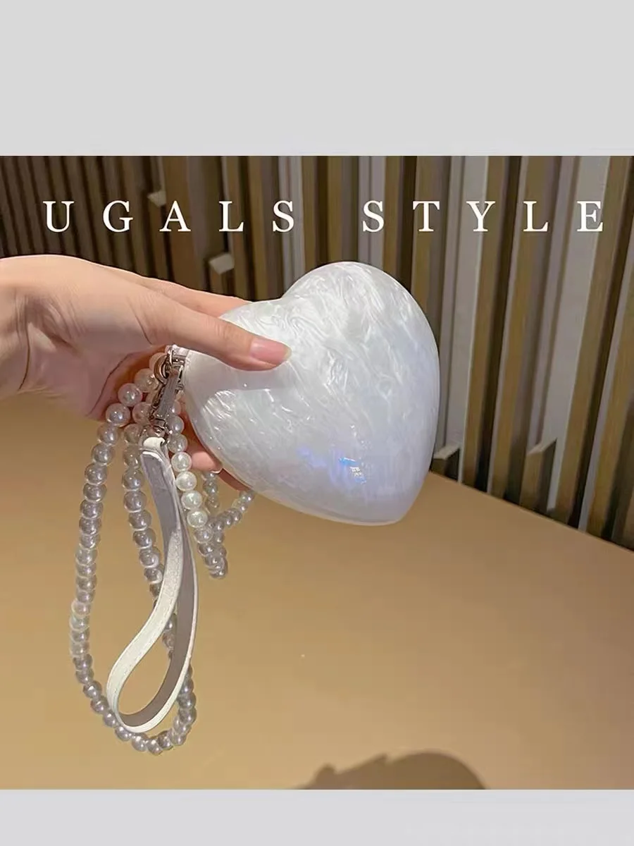 Luxury Acrylic Heart Shape Box Women Handbag Pearl Beading Chain Evening Bag Wedding Party Clutch Purse Female Crossbody Bag