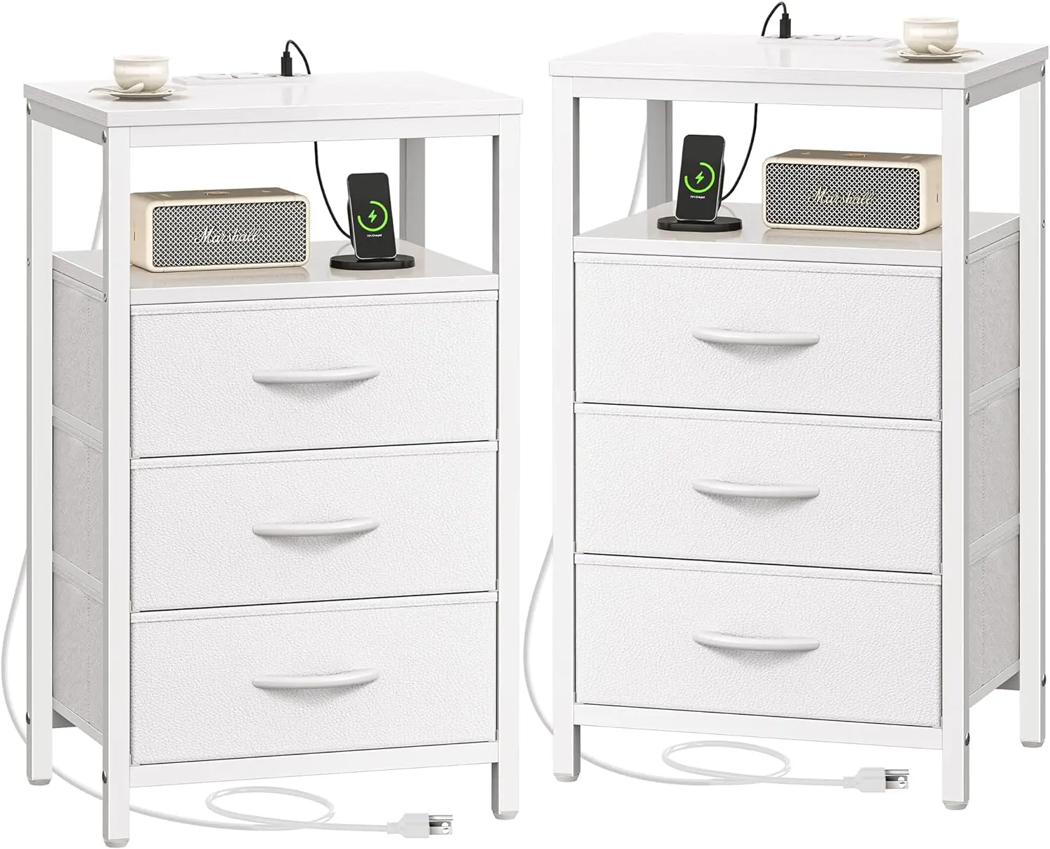 

Nightstands Set of 2, 27.6 Inch End Tables with Charging Station, Side Tables with Drawers, PU Leather Finish, Bedside Tables