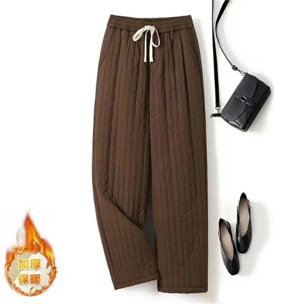 Winter New Drawstring Elastic Waist Slimming Versatile Anti Cold casual Pants Retro Clip Cotton Warm Wide Leg Pants Women's