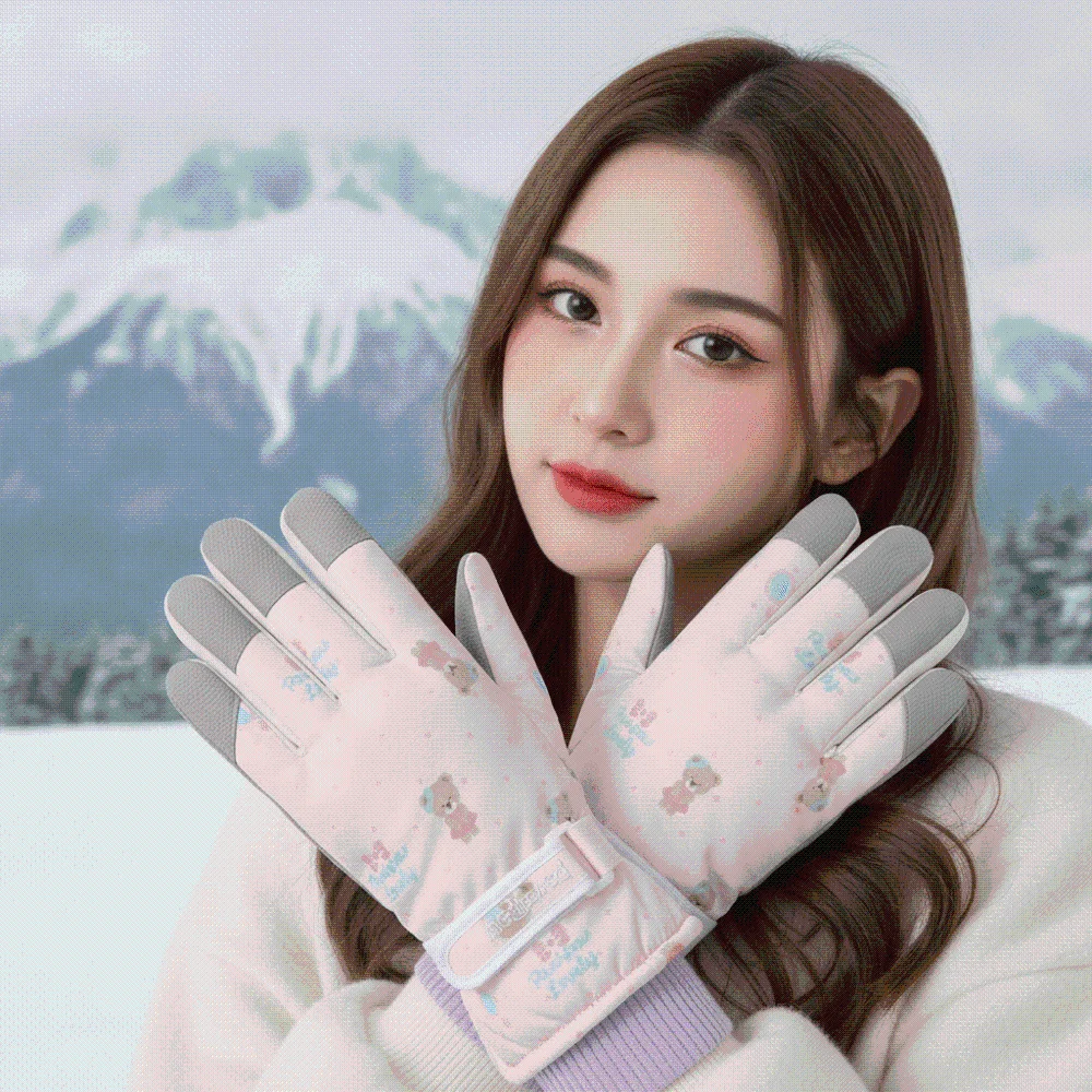 Warmers Mittens Fleece Liners Ski Mittens Anti-splash Water Printed Bear Thermal Gloves Adjustable Non-slip Snow Mittens Girls