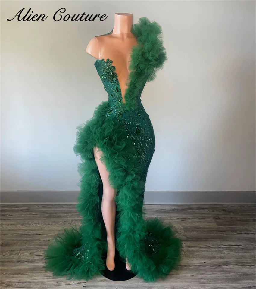 Sparkly Green Mermaid Prom Dress For Black Girls  Beading Diamonds Crystal Ruffle Split Birthday Party Dress 2024 Customized