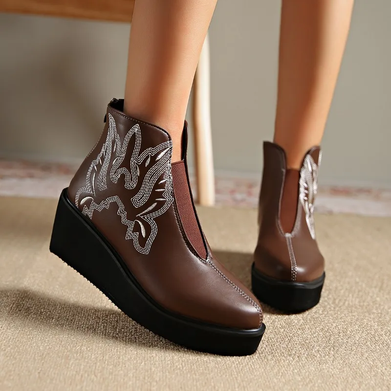 2024 Trendy Winter New Women's Wedge Ankle Boots Embroidered Designer Retro Classic Thick Sole Gothic Fashion Boots
