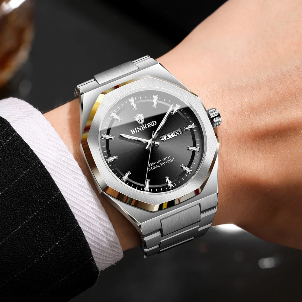 BINBOND Orologi da uomo 860 Acciaio pregiato Tendenza moda Orologio al quarzo originale per uomo Impermeabile Luminoso Data Settimana Quadrante grande reloj