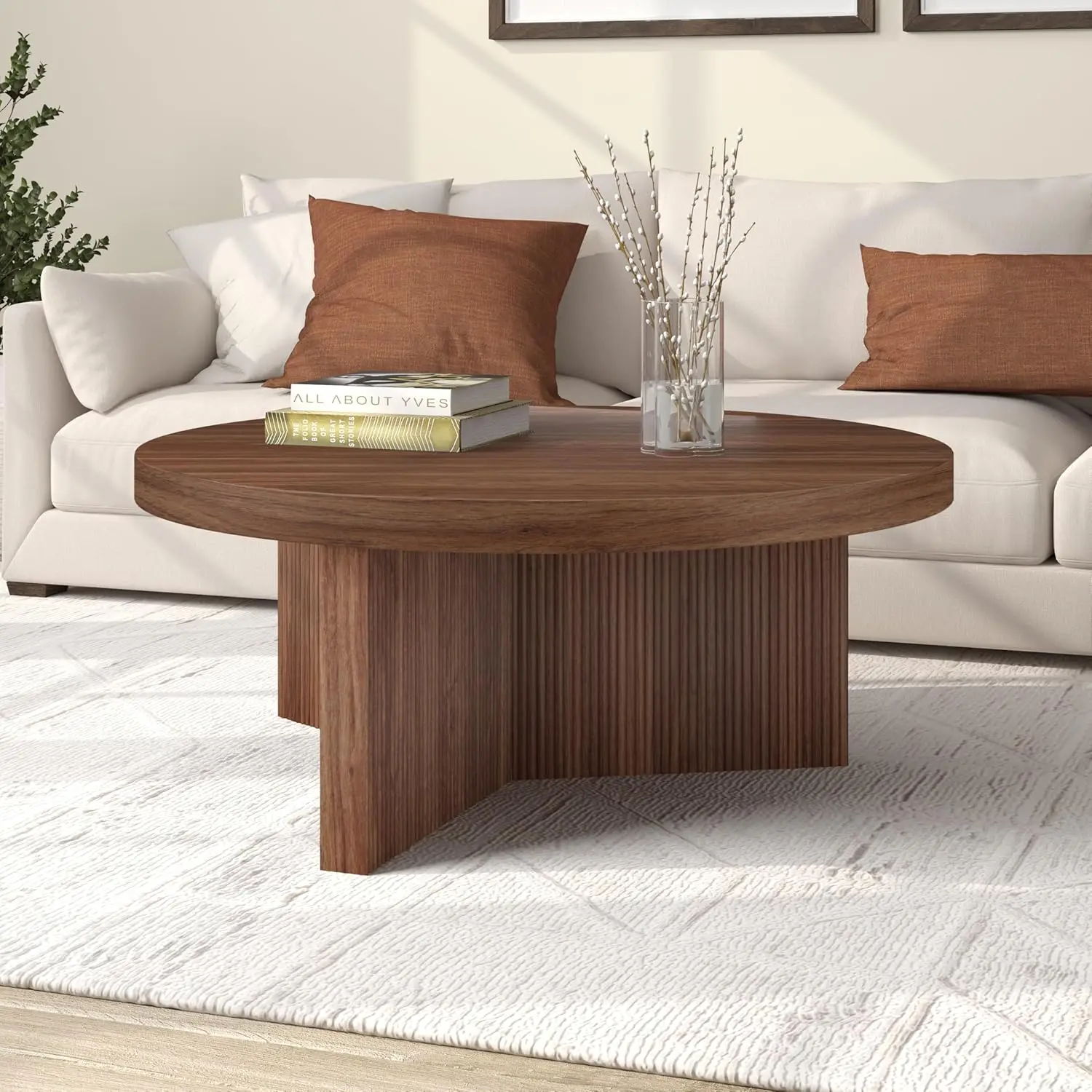 36" Fluted Round Low-Profile Coffee Table With Ribbed Pedestal Base Living Room, Family Room, Or Office, Satin Walnut