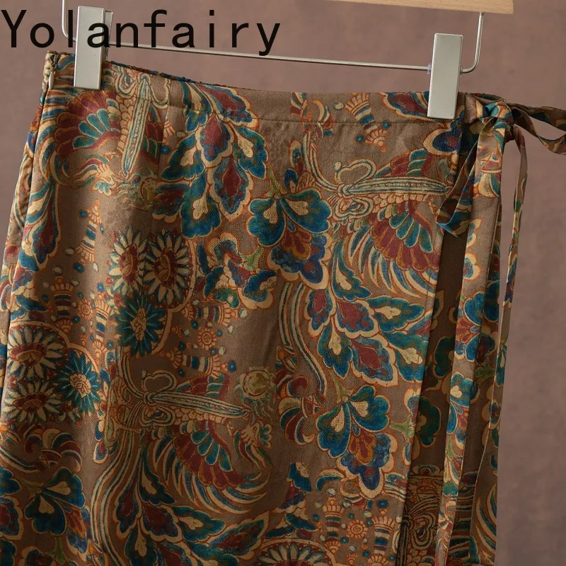 YOLANFAIRY 100% Real Mulberry Silk Skirt for Women Wrap Waist Tie Skirts Long Gambiered Printed Straight Silk Skirt Back Slit