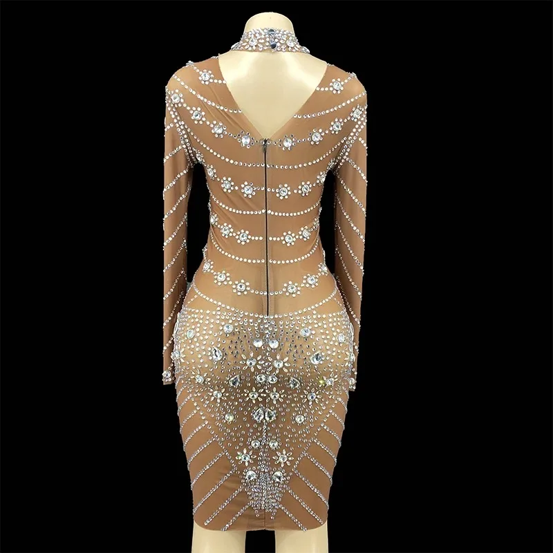 ZD جديد فضي الراين دنة فستان المرأة عيد ميلاد احتفال بلورات فستان صغير مساء أنثى المغني تظهر فستان مطاطي