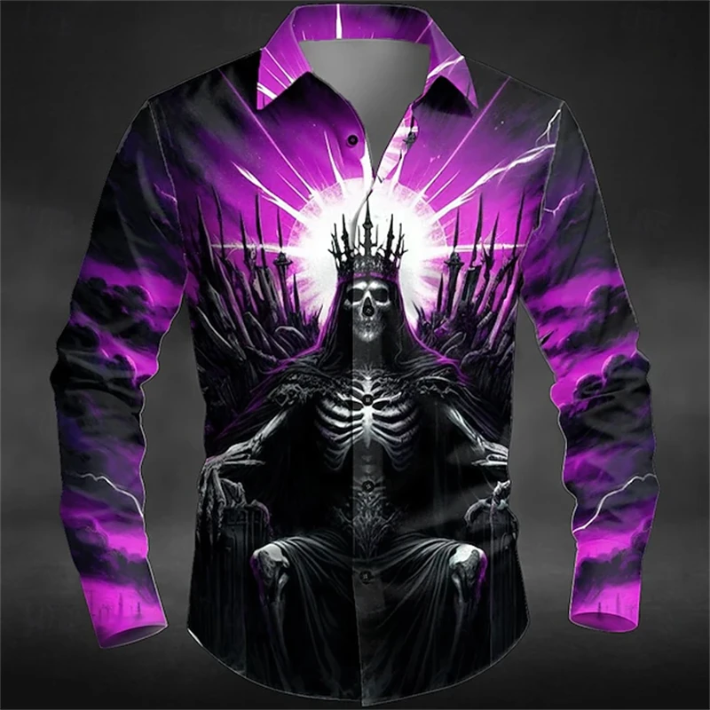 

2025 Fall New Arrival Men's Shirt Horror Skull King Design Retro 3D Digital Print Long-Sleeve Shirt Men's Commuter Wear Top