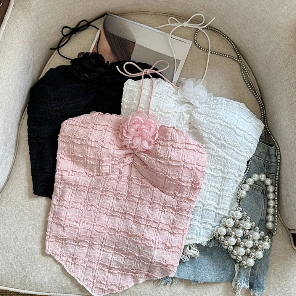 

Женский топ на подтяжках без рукавов, камзол с милыми цветами, дизайн с рюшами на шее и открытой спиной, милая и пряная уличная одежда для горячих девушек