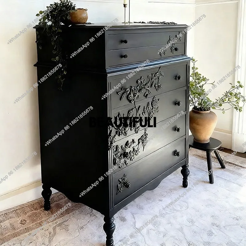 

Chest of drawers living room pastoral solid wood black storage decorative cabinet French vintage bedroom carved sideboard