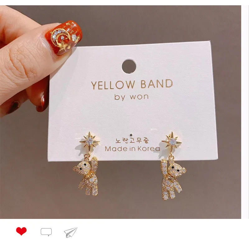 Fashion Crystal Zircon Stud Earrings Woman Simple Cute Star Bear Statement Earring Jewelry Gift  Korean