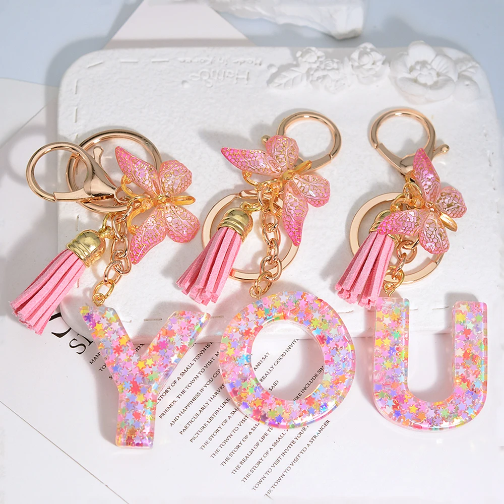 Cute Pink Star Sequin Filled Letter Keychains Butterfly Initial Charms Keyring With Tassel For Girl Wallet Purses Backpack Decor