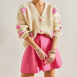 Strawberry Beige Cardigan Long Sleeve V Neck Knitted Cardigan Sweater Button Loose Casual Sweater Coat 2024 Fall Lady Outerwear