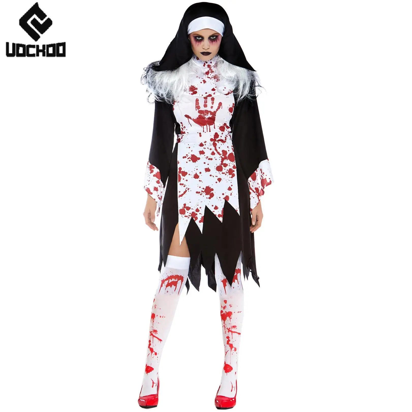 

Bloodstained Nun Dress Suit Halloween Zombie Cosplay Costume Day of The Dead Outfit Gothic Gown Women Festival Party Clothing