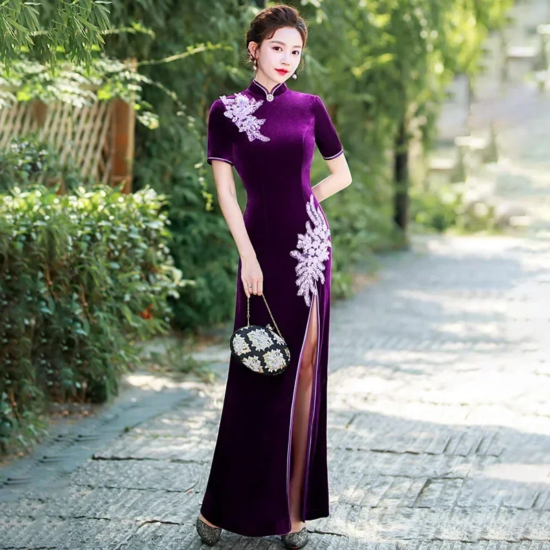 Yourqipao Improved Cheongsam Mother Bride Evening Dress Velvet Chinese Wedding Guest Party Gowns Bridesmaid Dresses for Women