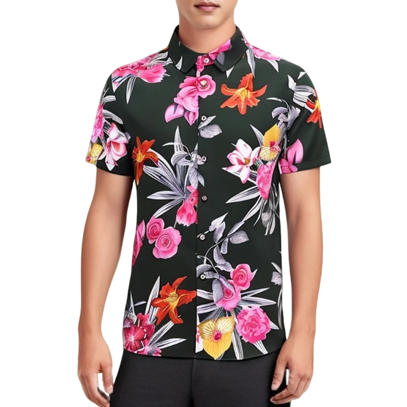 

7XL Men's Floral Hawaiian Shirt Summer Flower Print Short Sleeved Men Lapel Shirt Vacation Beach Casual Male Clothing Plus Size