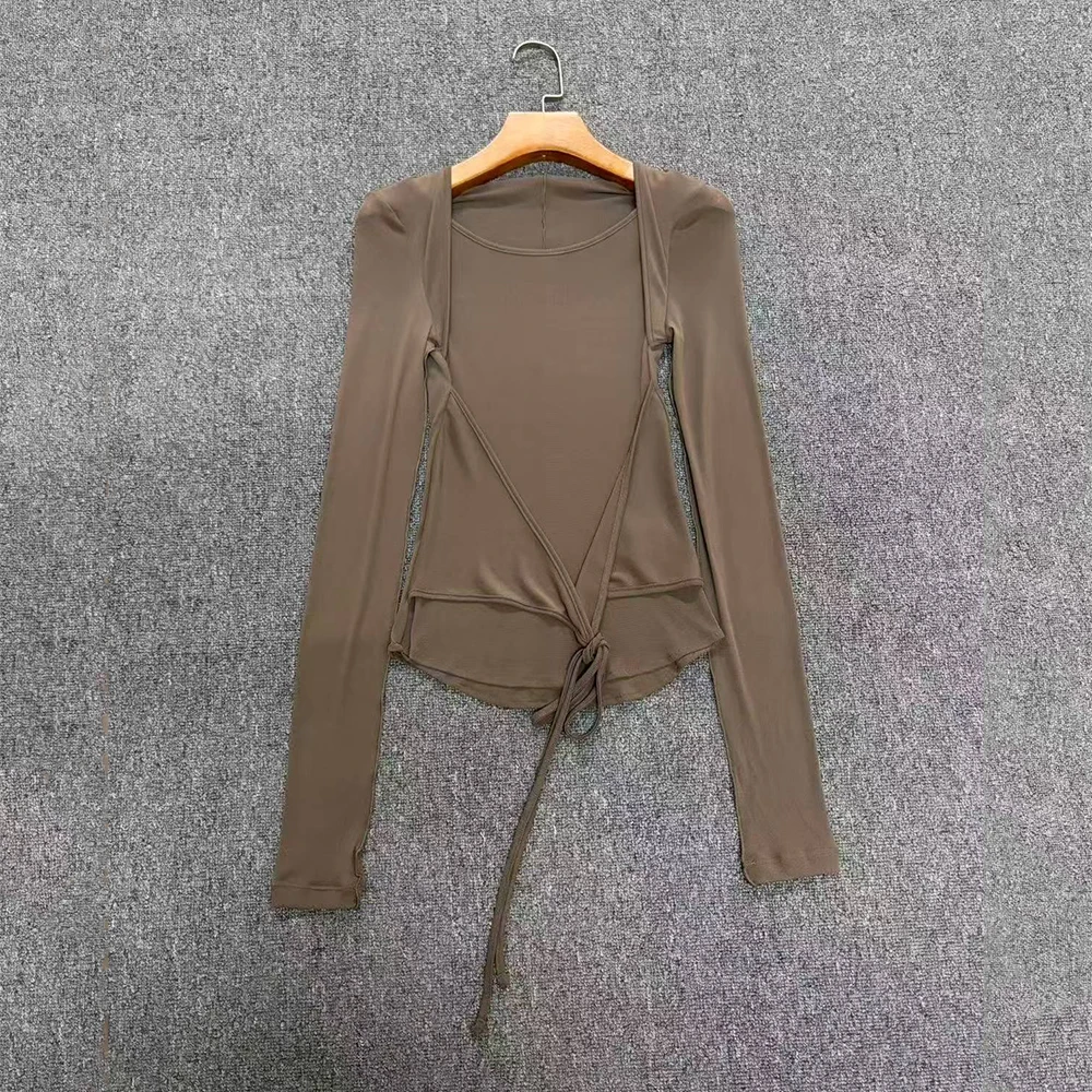 Women Fake Two‑Piece Long Sleeve T‑Shirt Tie‑Up Drawstring Irregular Hem Slim Fit Crop Top Y2K Elegant Casual Lady Blouse Tees