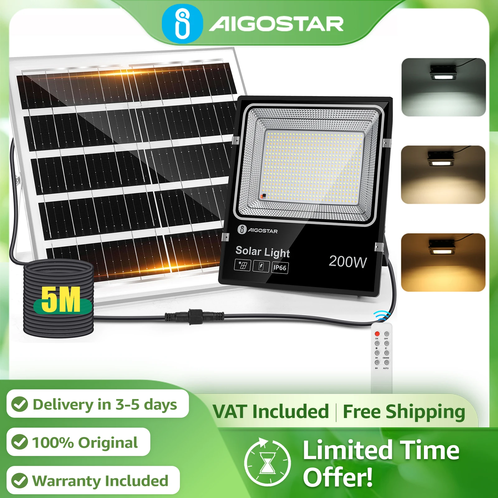 Aigostar Solar Spotlight Grand Panneau Solaire |     3 couleurs réglables, IP66, câble de 5 m |     Pour jardin, terrasse, allée