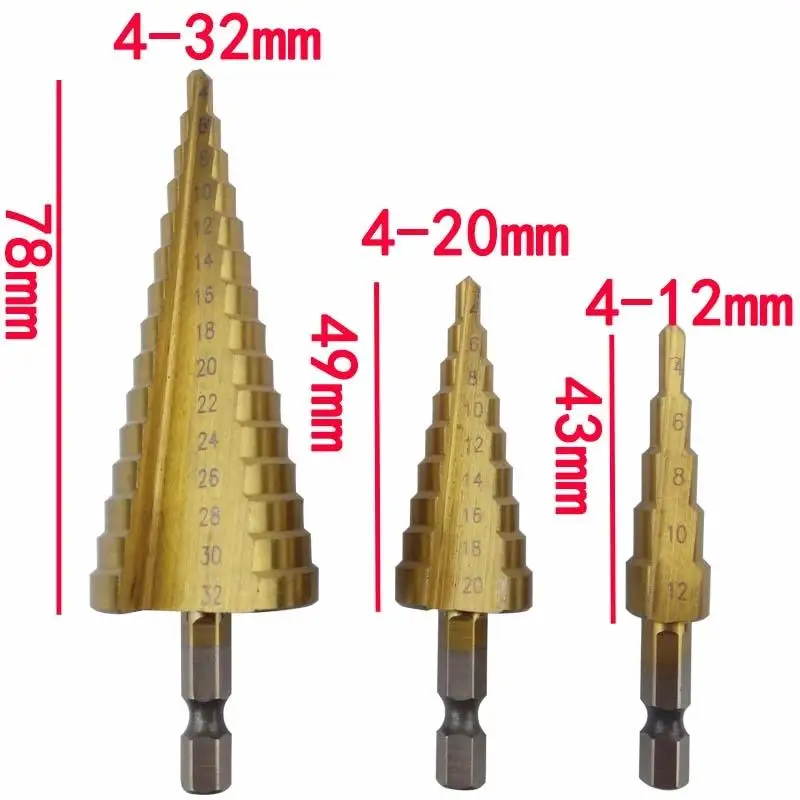 

4-12/4-20/4-32mm HSS 4241 Steel Step Cone Titanium Coated Drill Bit Cut Tool Set Hole Cutter