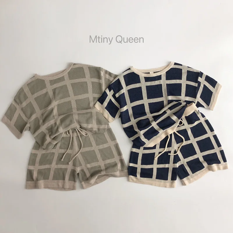 

Children Clothing Kids Casual Set 2024 Korean Style Sweater Short Sleeve T-shirt Cool Boys and Girls Plaid Knit Shorts Set